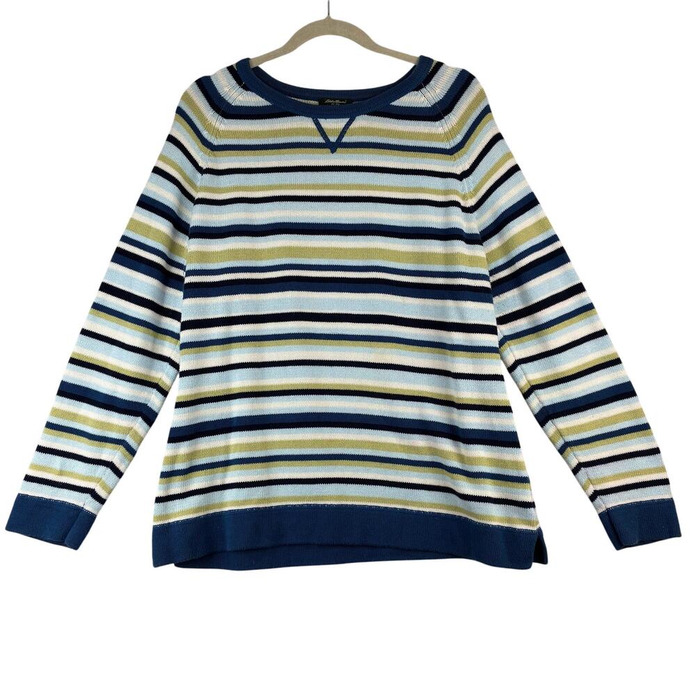 Eddie Bauer Long Sleeve Striped Knit Sweater Women's Large Blue Green Preppy